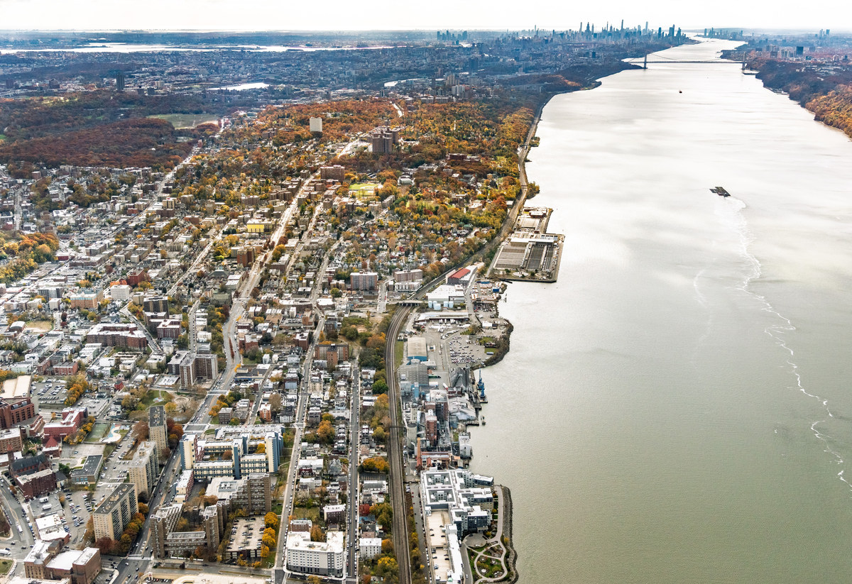 Aerial view of Westchester along the Hudson River